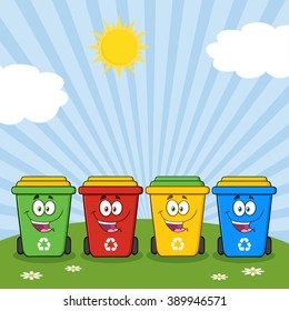 Four Color Recycle Bins Cartoon Character On A Sunny Hill. Vector Illustration Isolated On White Background