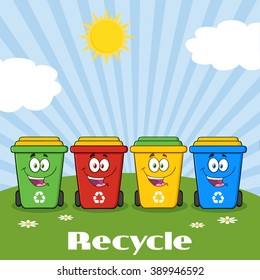Four Color Recycle Bins Cartoon Character On A Sunny Hill With Text Recycle. Vector Illustration Isolated On White Background
