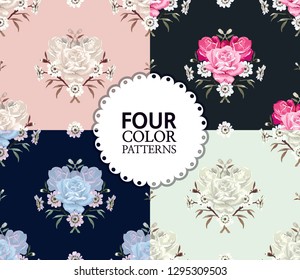 Four color rose and chrysanthemum heart-shaped vector background pattern