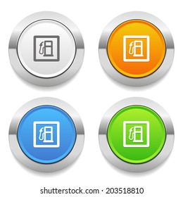 Four color round button with gas pump icon and metallic border