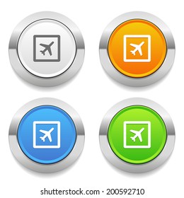 Four color round button with plane icon and metallic border