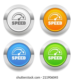 Four color round button with speed-meter icon and metallic border