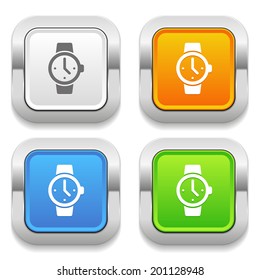 Four color square button with watch icon and metallic border