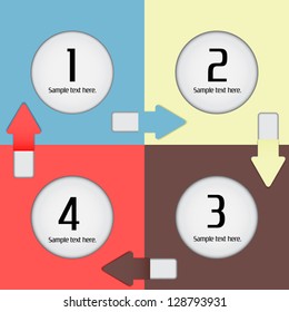 Four color squares with arrows and circle place for text inside. Concept of step by step infographics