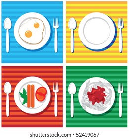 Four color table with food plates, spoons and forks