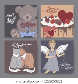 Four color Valentine romantic banners with teddy bear, cake decorated with hearts, two cats, cupid and brush lettering. Great for posters, greeting cards.