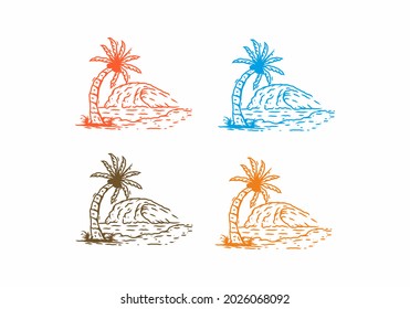 Four color variation of sea wave and coconut tree line art drawing design