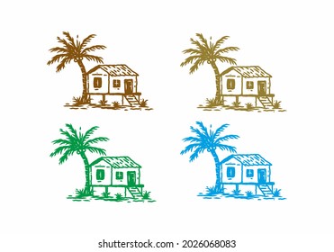 Four color variation of simple house and coconut tree line art drawing design