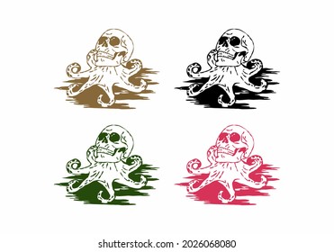 Four color variation of skull head with octopus feet design
