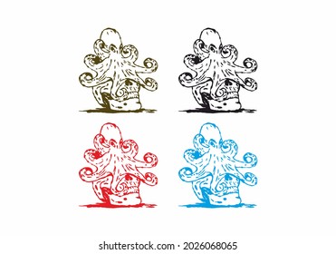 Four color variation of skull and octopus line art drawing design