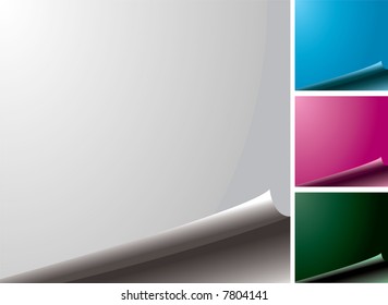 cuatro variaciones de color de una página en blanco con el borde curl