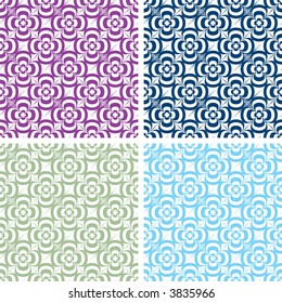 Four color variations of a seventies abstract floral design that seamlessly repeats on its self