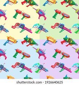 Estilo de dibujos animados vectoriales de cuatro colores sin fisuras patrón de niños coloridos blasters.