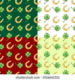 Four color vector seamless patter of good luck, with horseshoe and clever leaves. 