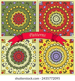 Four color versions of square panels with multi-colored concentric patterns. Vector set No. 6