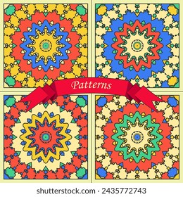 Four color versions of square panels with multi-colored concentric patterns. Vector set No. 7