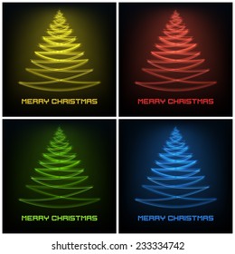 four colored abstract christmas tree glowing lines design square format design card set illustration