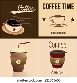 four colored backgrounds with text and coffee icons