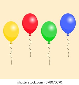 Four colored balloons with ropes on beige background