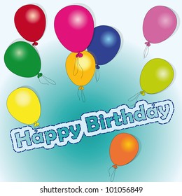 four colored balls rousing words "happy birthday"