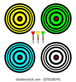 Four colored boards for playing darts on a white background