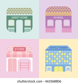 four colored buildings