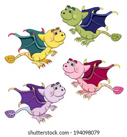 Four colored cartoon pterodactyl fun in flight on a white background.