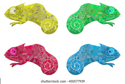 Four colored chameleons in low poly style. Full colored body.