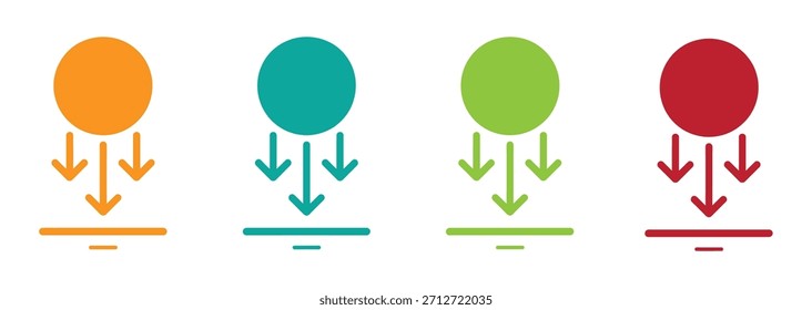 Cuatro círculos de colores con flechas hacia abajo que indican impacto o Descarga. Descarga icono flecha línea delgada redonda gruesa. Flechas abajo en círculos. Elemento gráfico. Ilustración vectorial.