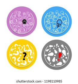 Four colored circles with idea symbol, exclamation mark, question mark and mouse.