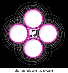 Four colored circular frames for your text and music symbol