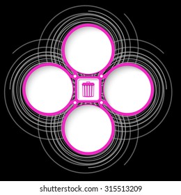 Four colored circular frames for your text and trashcan