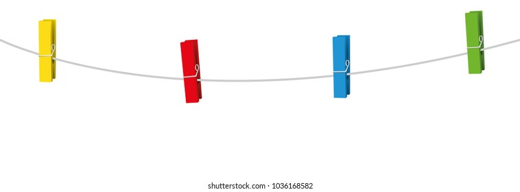 Four colored clothes pins on a clothes line rope holding nothing.