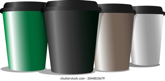 
four colored coffee cups mockup