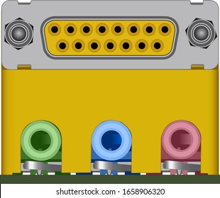 Four colored connectors of a computer motherboard (year 2002) - game port and audio jacks