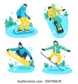Four colored design compositions with people on snowboard in different poses riding from snowy mountain top flat vector illustration 