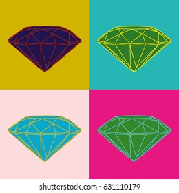 Four colored diamonds on color background. Pop art image.