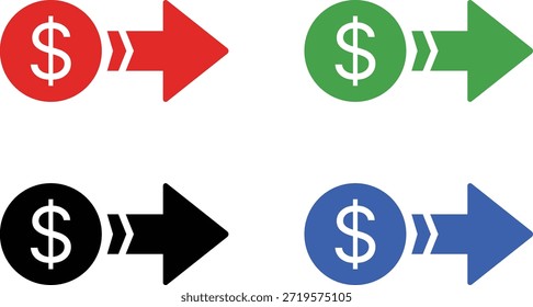 Signo de dólar de cuatro colores con flechas que indican el movimiento hacia la financiación de dinero correcta