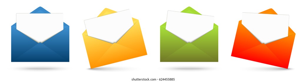 Cuatro sobres de colores seguidos con papeles blancos