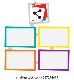 Four colored frames for your text with pushpin and share icon