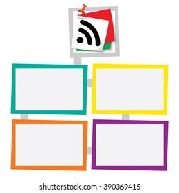 Four colored frames for your text with pushpin and feed icon