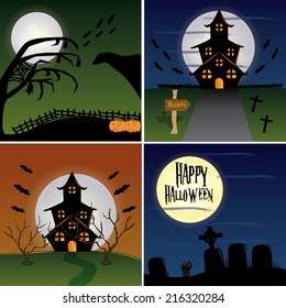 four colored halloween backgrounds with halloween related elements