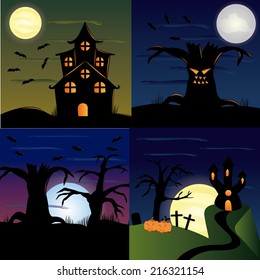 four colored halloween backgrounds with halloween related elements