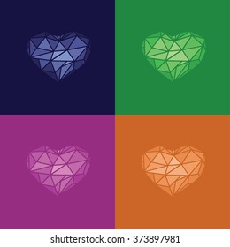 Four colored hearts. Bright geometric background.   
Heart made in low poly.
