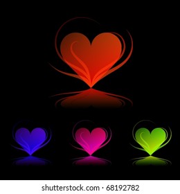 Four colored hearts on black background