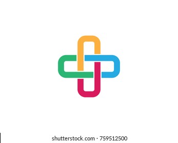 Four colored interlocking plus symbol. Vector