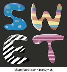 four colored letters with stripes and dots within them