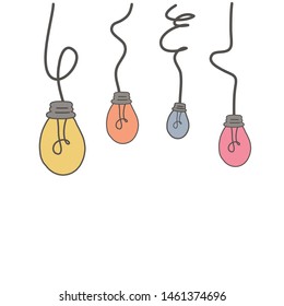 Four colored light bulbs in doodle style. Vector illustration by hand