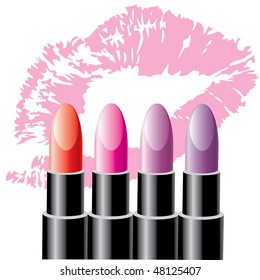  four colored lipsticks on the background of a print lips