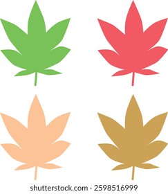 Four colored maple leaves. The colors are pale green, pale red, pale orange, and ocher.